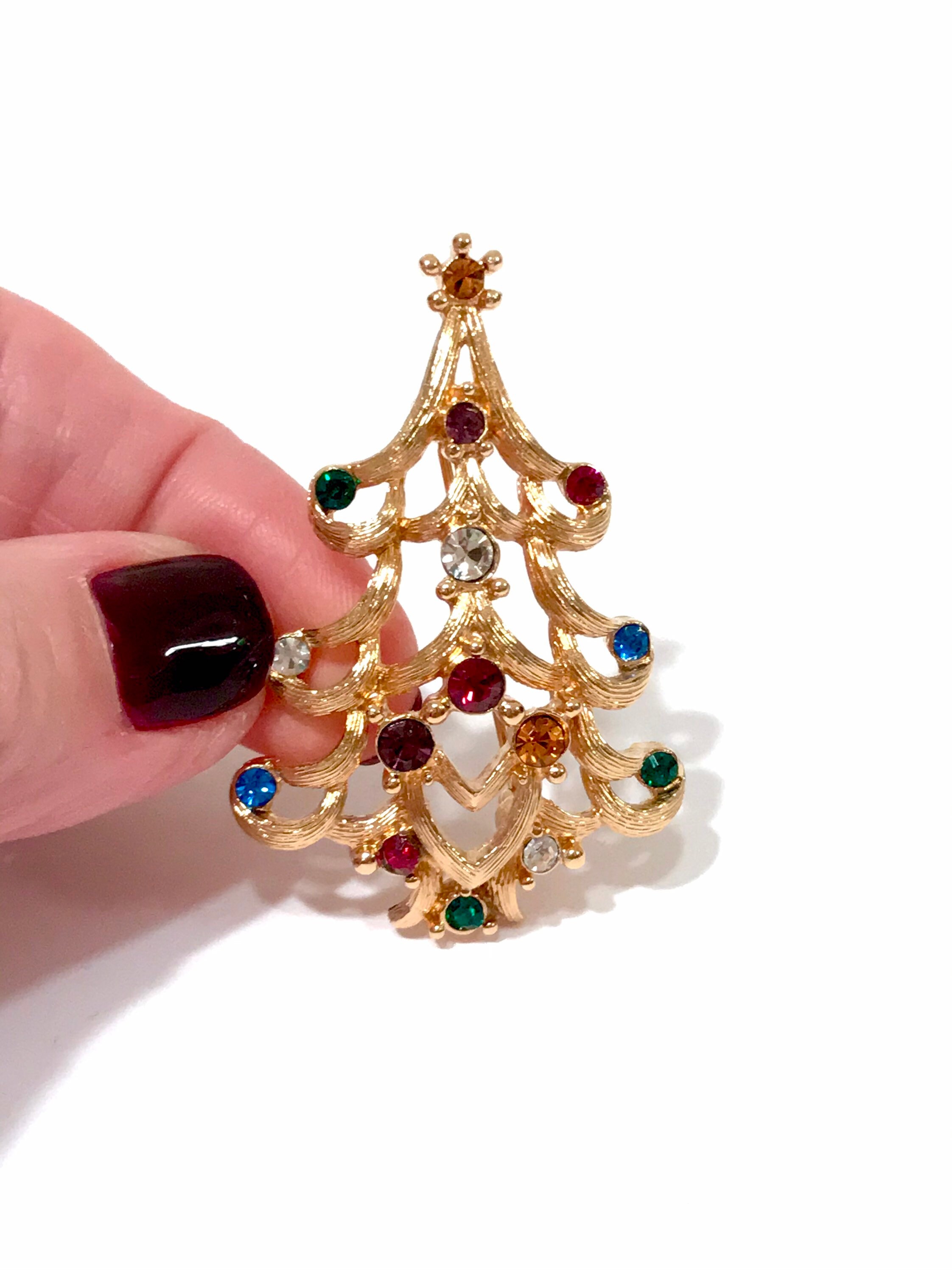 Vintage Christmas Tree Pin Multi Color Jewel Tone Etsy
