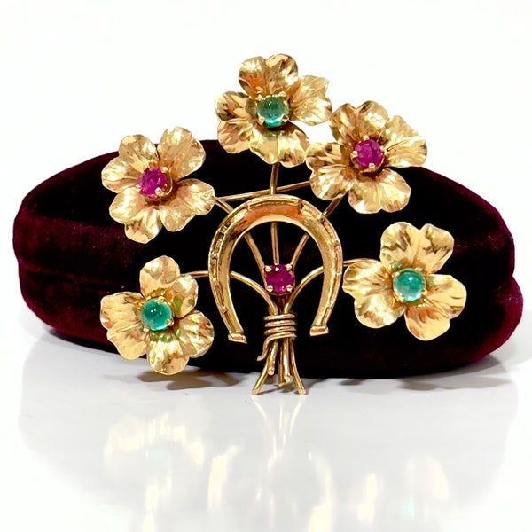 Antique 18k Gold Horseshoe Flower Brooch, Emeralds & Rubies Rose Tone Yellow Gold Bouquet And Carved Lucky Horseshoe Pin, Vintage Jewelry