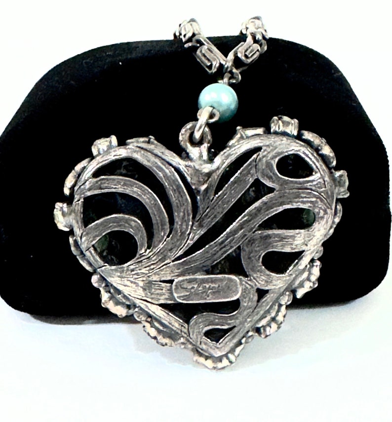 Vintage Necklace Signed Elsa Schiaparelli Heart Pendant AB Blue