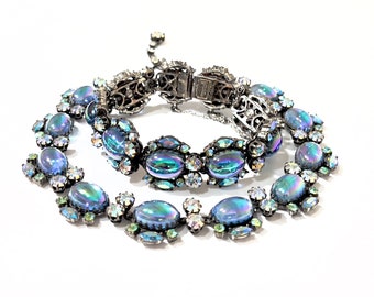 Vendome Blue Iridescent Glass Necklace Bracelet, Aurora Borealis Rainbow Chatons Green And Blue Rhinestones, Rare Vintage Vendome Jewelry