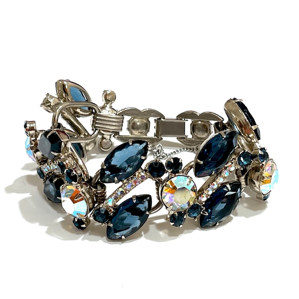 Juliana Sapphire 5 Link Bracelet, Deep Blue Navette & Aurora Borealis Chatons, Silver Plated Metal Verified Juliana Jewelry Book Piece