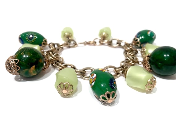Bakelite Charm Bracelet Marbled Green & Yellow Mu… - image 6
