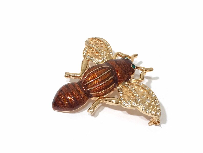 Polished Gold Tone Metal Gift For Her Vintage Cicada Brooch Unique Bug Jewelry Copper Enamel And Clear Rhinestone Flying Insect Pin