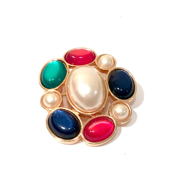 Avon Brooch Lucite Cabochons And Pearls, Multi Col
