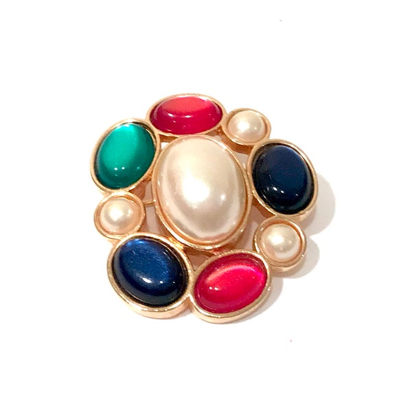 Lucite Jewel Tone Cabochon Brooch Signed Avon Red Green Blue, Faux Baroque Pearls Accents Gold Tone Metal, Avon Jeweled Classics Jewelry