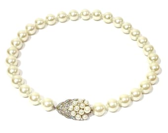 Majorica Pearl Single Strand Necklace, Ivory Fine Imitation 12 MM Tahitian Pearls, Sterling Silver Clasp Rhinestone Jeweled Bridal Jewelry