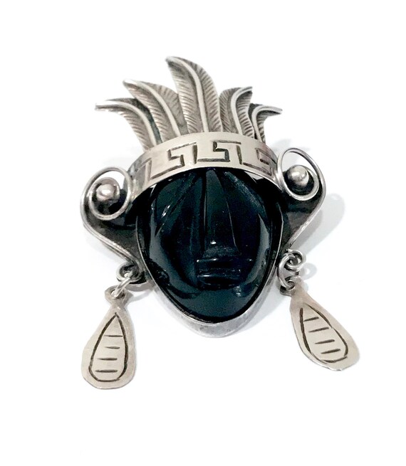 Sterling Onyx Aztec Warrior Brooch Pendant Pin, M… - image 4