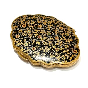 KIGU Of London Vintage Compact, Black Enamel Painted Flowers And Scrolls Gold Plated Metal Unused Compact, Puff & Sieve 1950&#39;s Compact Gift