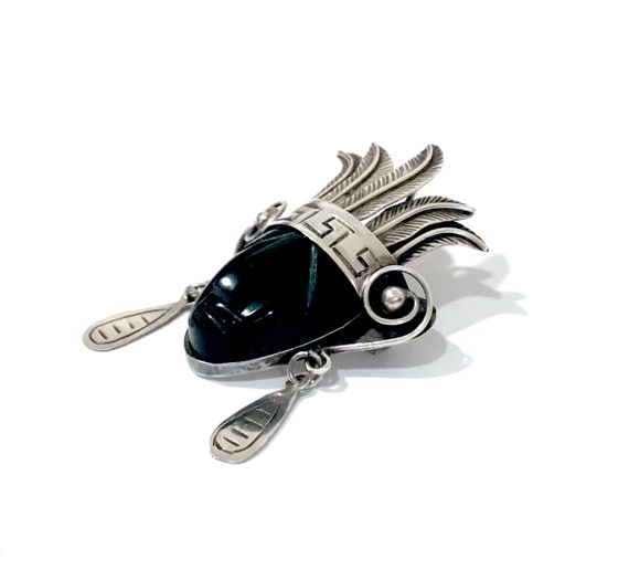 Sterling Onyx Aztec Warrior Brooch Pendant Pin, M… - image 2