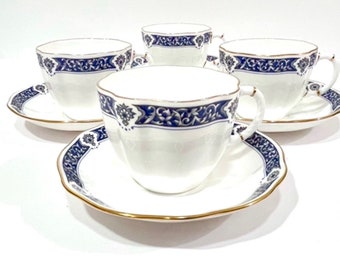 Royal Crown Derby Mildale Teacup Set, Blue And Grey Floral Gold Gilded English Tea Cup & Saucer Set For 4, Royal Derby England Fine China