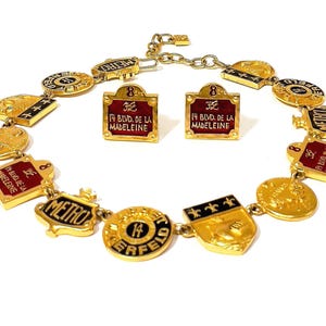 Karl Lagerfeld Necklace And Earrings 24k Gold Plated Enamel Link Choker, French Paris Metro Series Signed Karl Lagerfeld Vintage Jewelry