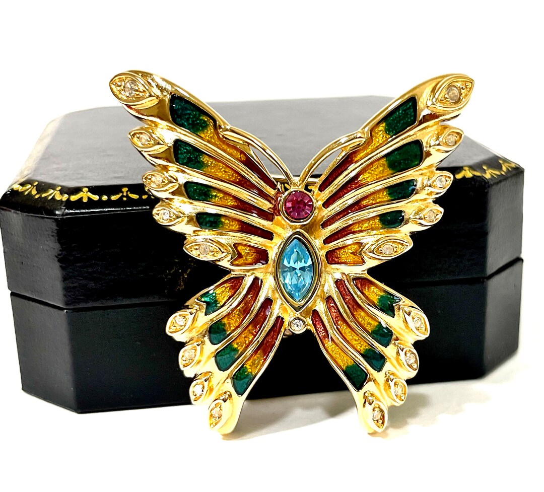 Broche Lion KJL Années 60 – Plaqué Or, émail Et Strass – Bleu, Vert, Corail – Occasion