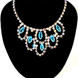 Vintage Rhinestone Bib Necklace: Aquamarine & Aurora Borealis, 1960s Jewelry
