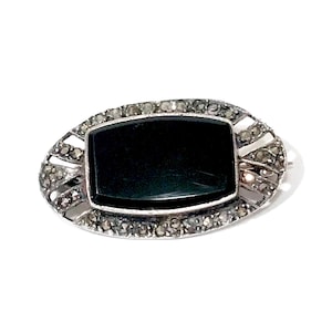 Art Deco Sterling Silver Onyx Brooch, Marcasite Black Onyx Oval Shape Pin w/ Cut Out Details, Vintage Brooches Gift For Her