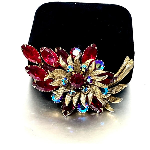 Signed Selini Rhinestone Floral Brooch, Ruby Glass Navettes And Siam Red Aurora Borealis Chatons Gold  Metal Petals Vintage Designer Brooch