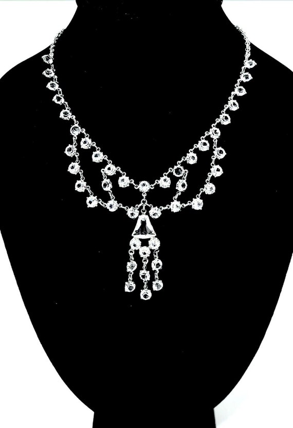 Art Deco Clear Crystal Lavalier Necklace, Tiered … - image 1