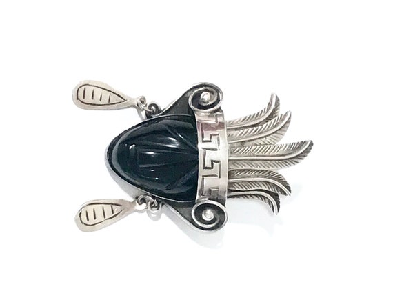 Sterling Onyx Aztec Warrior Brooch Pendant Pin, M… - image 6