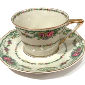 Antique Tea Cup Limoges France Hand Painted Pink Rose Bouquet And Green Leaf Swags, Gilded Gold Rims Haviland French China Vintage Teacups