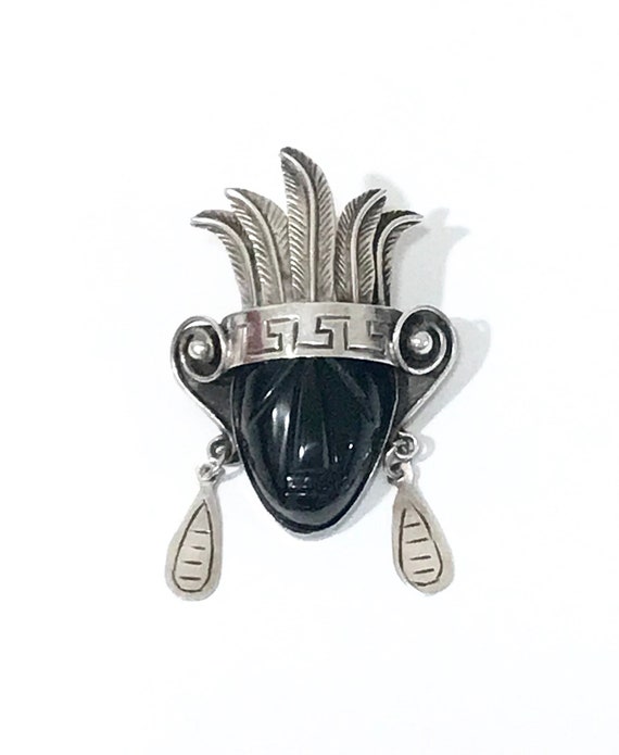 Sterling Onyx Aztec Warrior Brooch Pendant Pin, M… - image 9