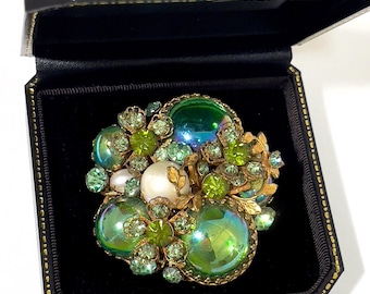 Vintage Robert DeMario Brooch, Green Iridescent Glass Domed Cabochons Faux Pearls & Green Rhinestones Gold  Filigree Metal Vintage Jewelry