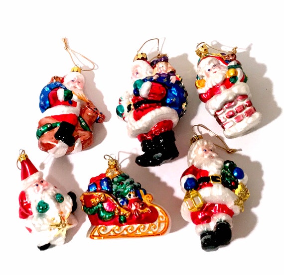 Vintage Christmas Ornaments, Set Of 6 Hand Made Glass Tree Ornaments Boxed, Santa Claus Delivering Children's Toy Gifts, Vintage 1990's
