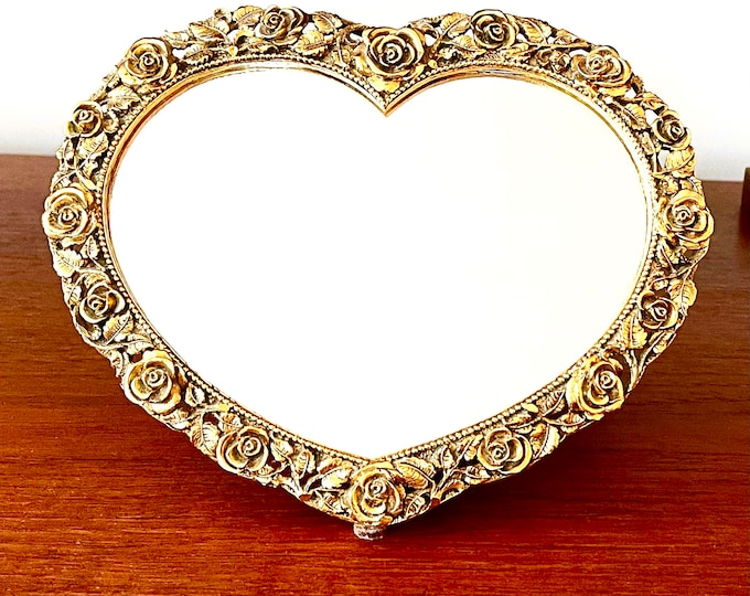 Vintage Matson Ormolu Mirror, Heart Shape Vanity Mirror, 24k Gold Roses