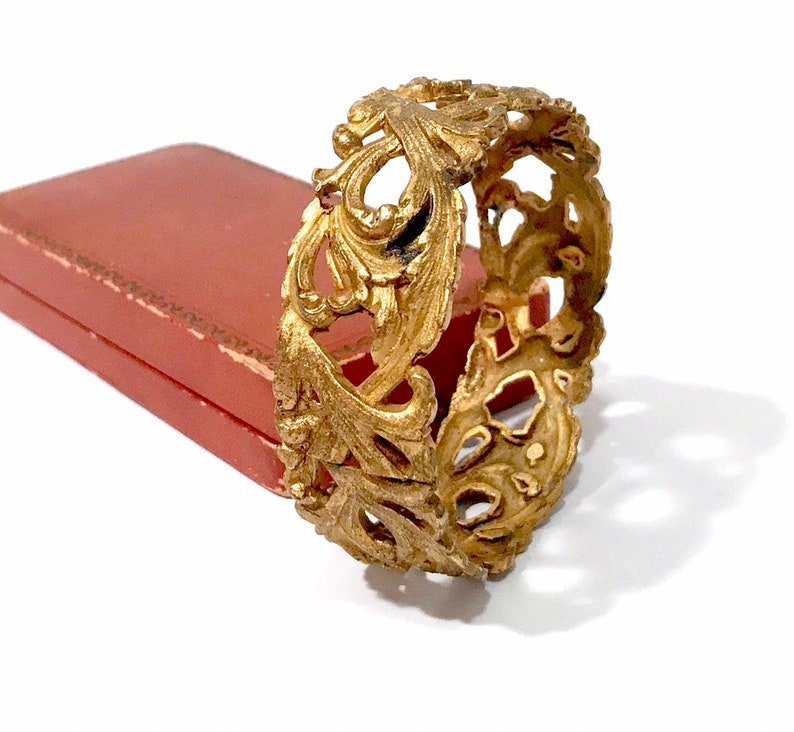 Art Nouveau Floral Bracelet Gold Gilded Brass Wide Bangle Trumpet Flowers Ornate Leafy Design Hand Made 1900/'s Antique Jewelry