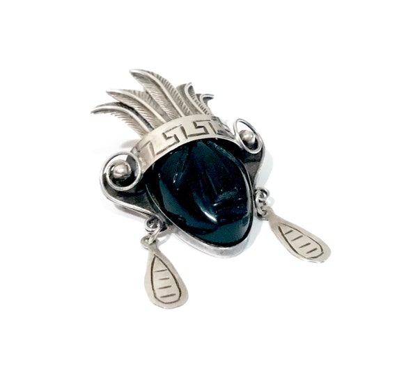 Sterling Onyx Aztec Warrior Brooch Pendant Pin, M… - image 3