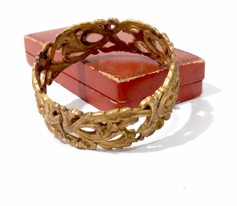 Art Nouveau Floral Bracelet Gold Gilded Brass Wide Bangle Trumpet Flowers Ornate Leafy Design Hand Made 1900/'s Antique Jewelry