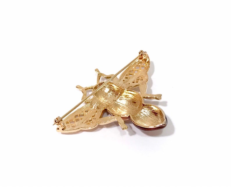 Polished Gold Tone Metal Gift For Her Vintage Cicada Brooch Unique Bug Jewelry Copper Enamel And Clear Rhinestone Flying Insect Pin
