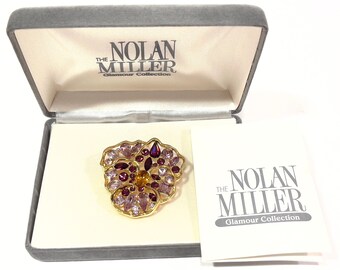 Nolan Miller Rhinestone Pansy Brooch, Amethyst Lavender & Citrine Crystals In Gold Tone Metal Glamour Collection Signed Nolan Miller Jewelry