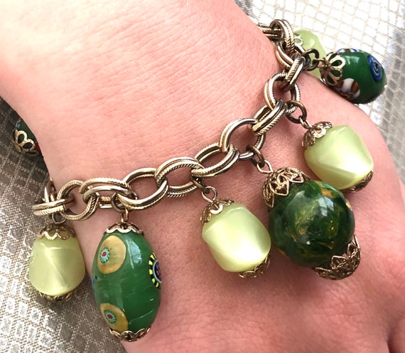 Bakelite Charm Bracelet Marbled Green & Yellow Mu… - image 10