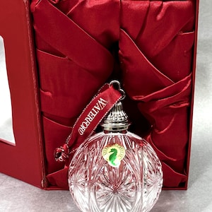Waterford Crystal Christmas Ornament, Annual Ball Clear Cut Crystal Tree Ornament, Red Satin Ribbon Silver Metal Finial Satin Paper Gift Box