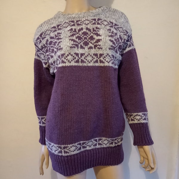 Hand Made Scandinavian Style Purple and Grey Size 40" Wool Blend Fairisle Jumper