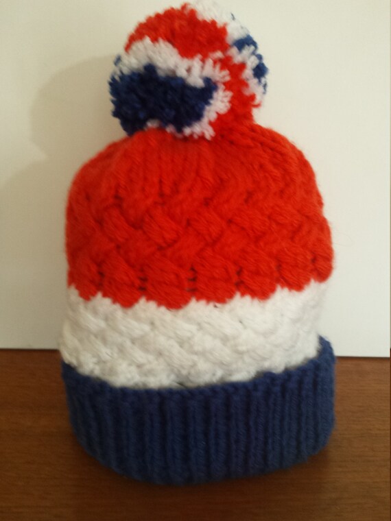 red white and blue bobble hat