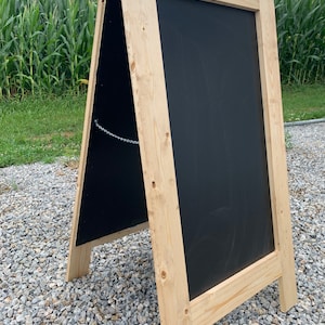Extra large sandwich chalkboard, weathered oak finish.  Sidewalk blackboard, double sided A-frame sign.