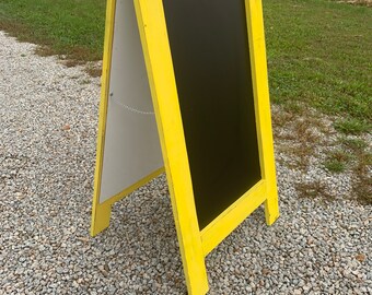 Extra large, rustic sandwich chalkboard. Outdoor sign, A-frame sidewalk chalk board. Free standing blackboard, sun yellow finish.