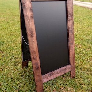 Extra large A-frame sign. Double sided with legs, easel sandwich chalkboard. Heavy duty sidewalk chalkboard. Red mahogany finish.