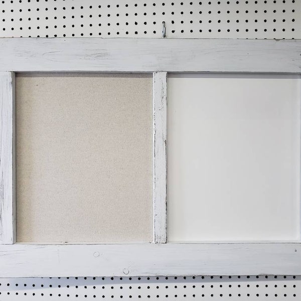 Combination, framed white large fabric memo board. Dry erase bulletin board. Cork, linen.