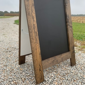 Sandwich board, sidewalk chalkboard sign. Double sided, chalk board standing sign, A-frame. Dark walnut finish.  Outdoor chalkboard, easel.