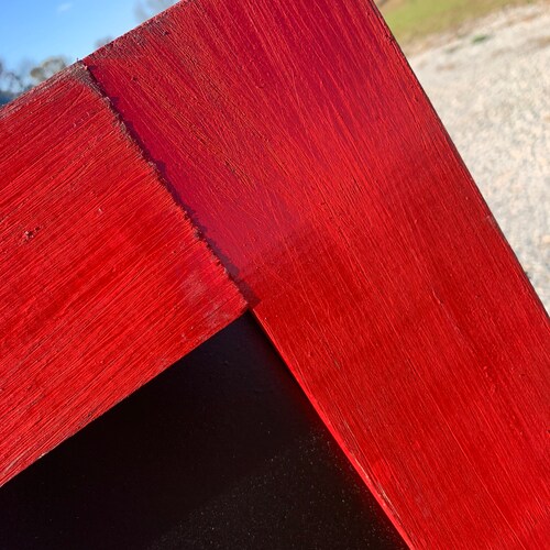 Large sandwich board, outdoor standing sidewalk chalkboard. Distressed apple red, double sided, shops rustic A-frame sign