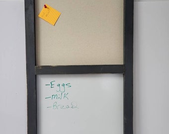 Combination bulletin board and dry erase sign. Dark gray dual cork board marker board. Pin board, black board.