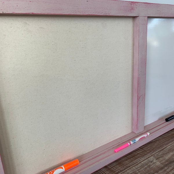 Dual dry erase bulletin board, combination cork board, white board, pin board. Blush pink finish.