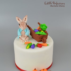Gardening theme cake topper, fondant veggies, fondant wheelbarrow, Bunny cake topper set