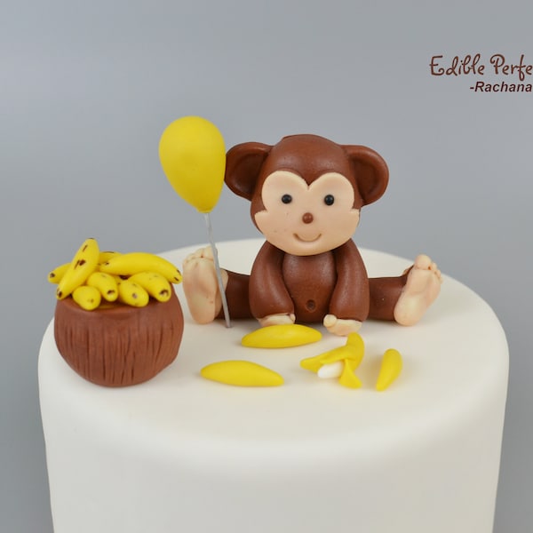 Fondant Monkey with Banana Basket cake toppers, Fondant Monkey, Fondant balloon, First Birthday Cake topper, Fondant Banana Basket