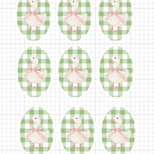 May include: Nine oval-shaped stickers featuring a white duck with a pink bow, set against a green and white checkered background. The ducks have orange beaks and feet. The stickers are arranged in a grid pattern.