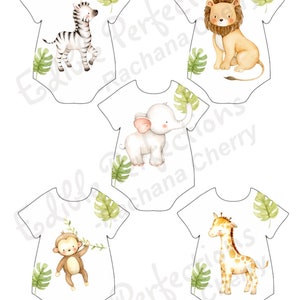 Watercolor Precut Onesie Safari Animals Edible Images Cupcake Topper, Giraffe, Monkey, Lion, Zebra edible images, baby shower, birthday
