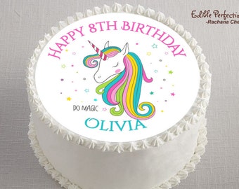 Sweet Tops Personalised Unicorn Edible Round Cake Topper - Multicoloured Icing - Perfect For Birthdays