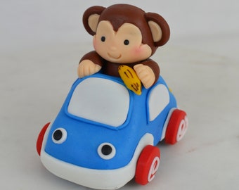 Fondant Monkey in car cake topper, Fondant Monkey, Fondant Car, First Birthday Cake topper, Edible Monkey Car Cake Topper