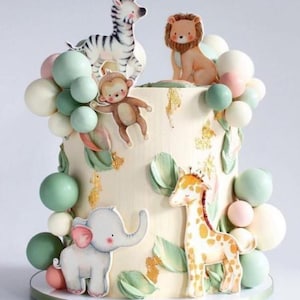 Watercolor Precut Safari Animals Edible Images Cake Topper, Giraffe, Monkey, Lion, Zebra edible images